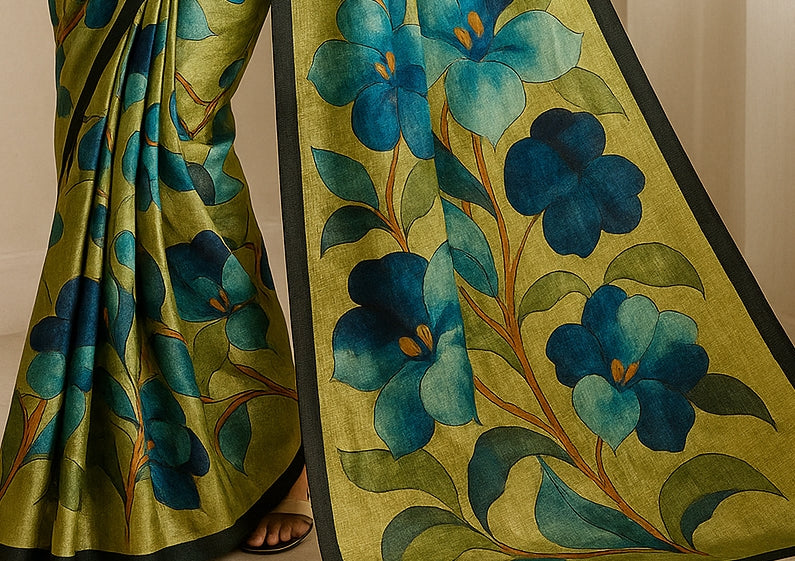 Floral Hand-Printed Pure Tussar Silk Saree FH88