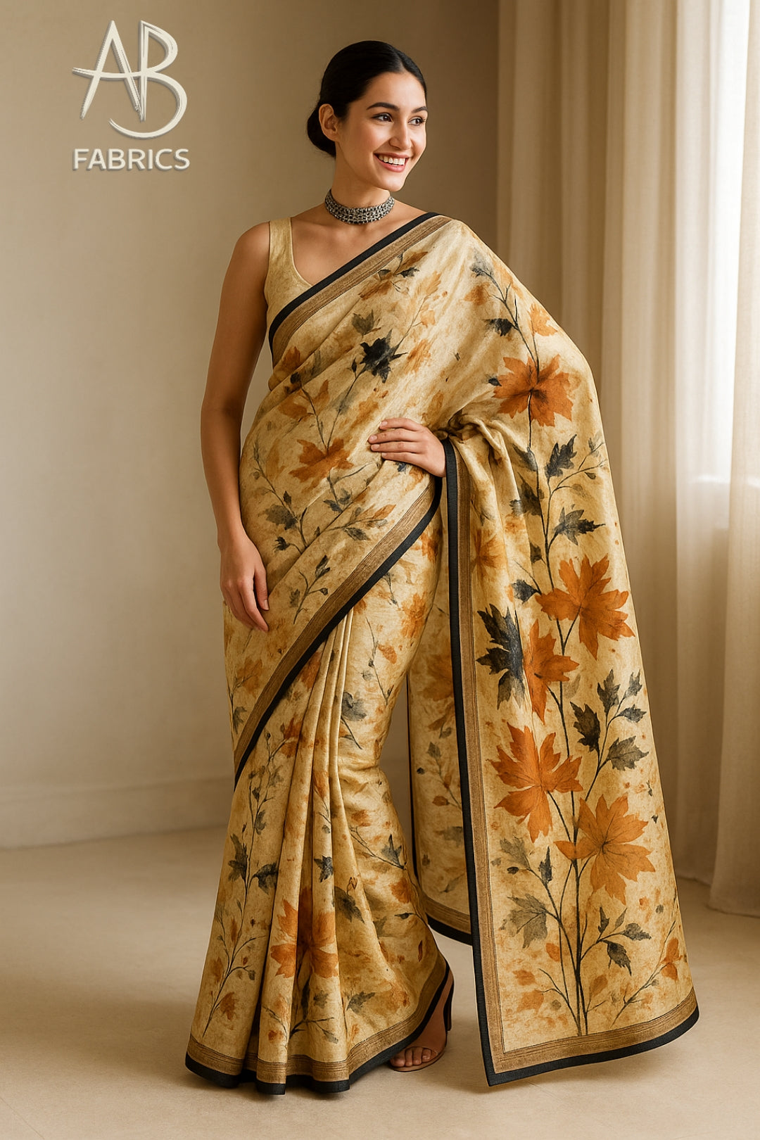 Floral Hand-Printed Pure Tussar Silk Saree FH89