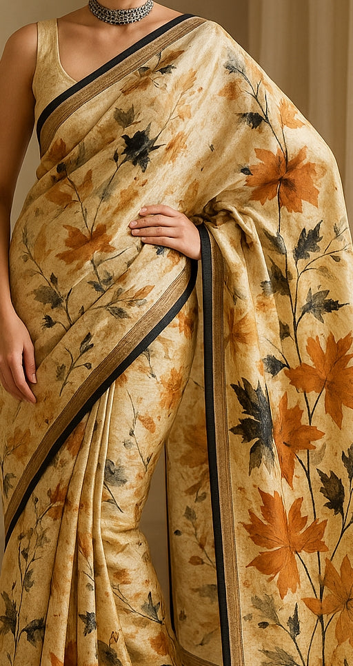 Floral Hand-Printed Pure Tussar Silk Saree FH89