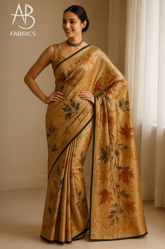 Floral Hand-Printed Pure Tussar Silk Saree FH90