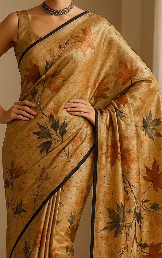 Floral Hand-Printed Pure Tussar Silk Saree FH90
