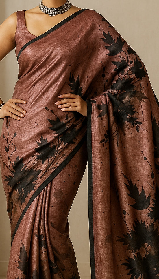 Floral Hand-Printed Pure Tussar Silk Saree FH91