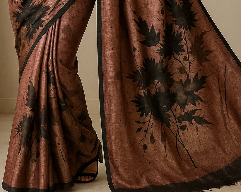 Floral Hand-Printed Pure Tussar Silk Saree FH91