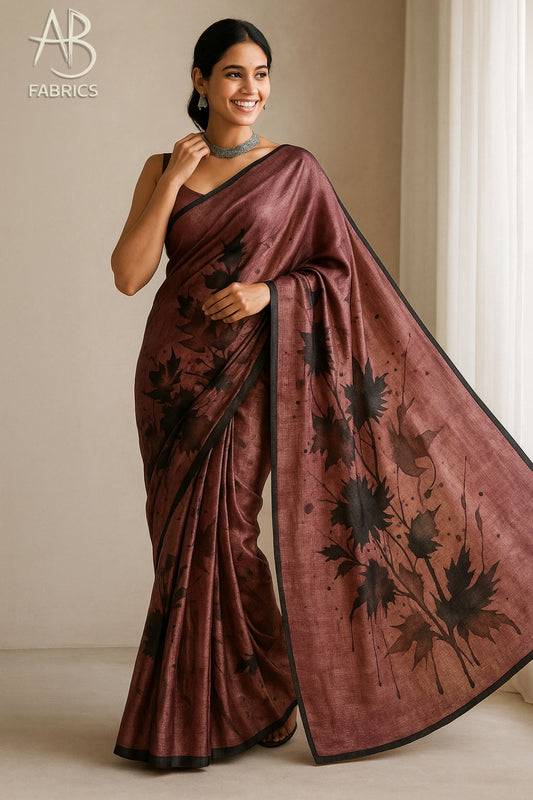 Floral Hand-Printed Pure Tussar Silk Saree FH92