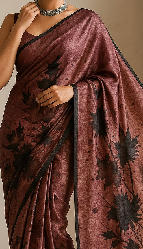 Floral Hand-Printed Pure Tussar Silk Saree FH92