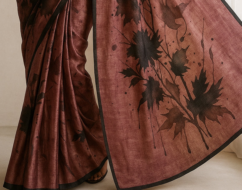 Floral Hand-Printed Pure Tussar Silk Saree FH92