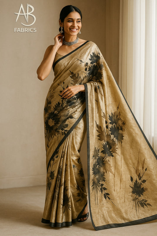 Floral Hand-Printed Pure Tussar Silk Saree FH93