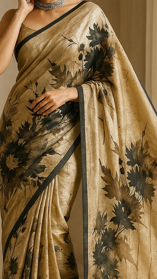 Floral Hand-Printed Pure Tussar Silk Saree FH93