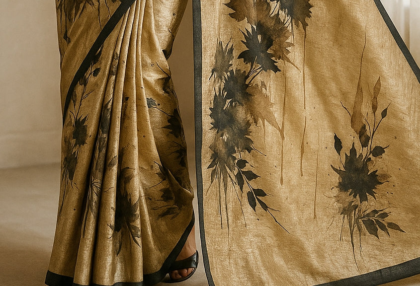 Floral Hand-Printed Pure Tussar Silk Saree FH93