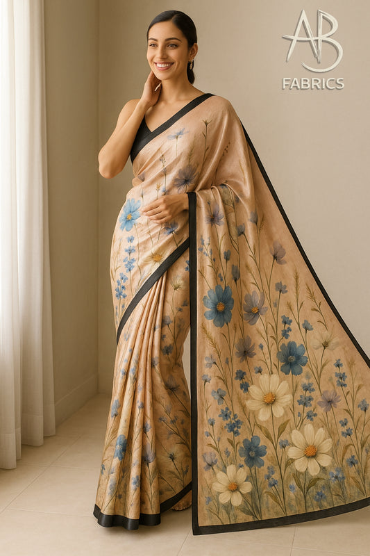 Floral Hand-Printed Pure Tussar Silk Saree FH94