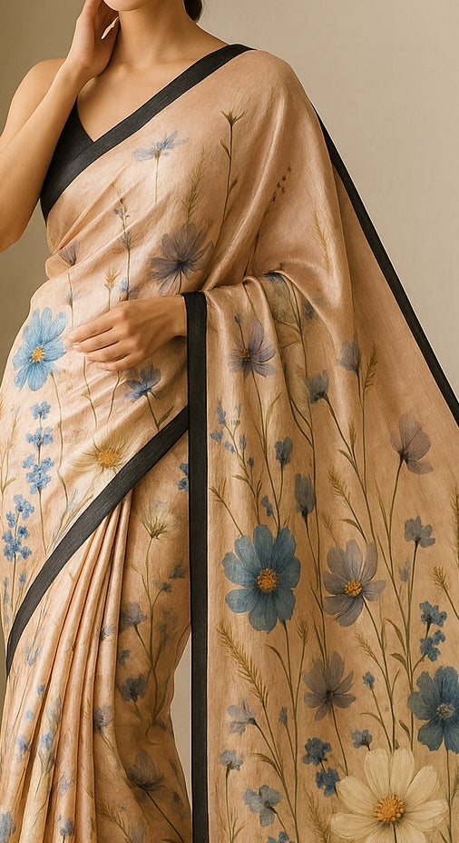 Floral Hand-Printed Pure Tussar Silk Saree FH94