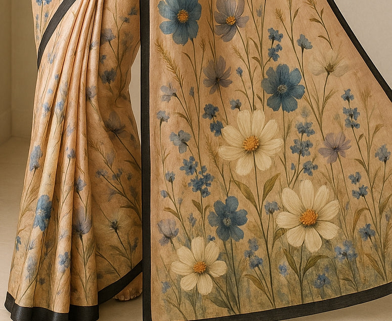 Floral Hand-Printed Pure Tussar Silk Saree FH94