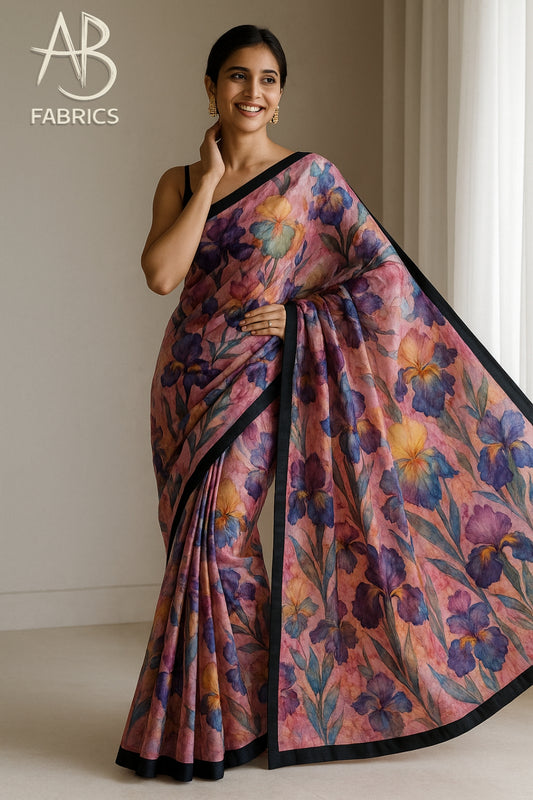 Floral Hand-Printed Pure Tussar Silk Saree FH95