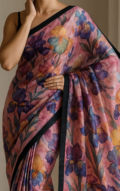Floral Hand-Printed Pure Tussar Silk Saree FH95