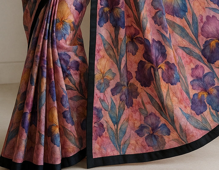 Floral Hand-Printed Pure Tussar Silk Saree FH95