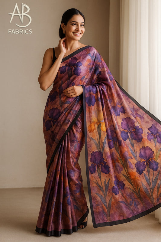 Floral Hand-Printed Pure Tussar Silk Saree FH96