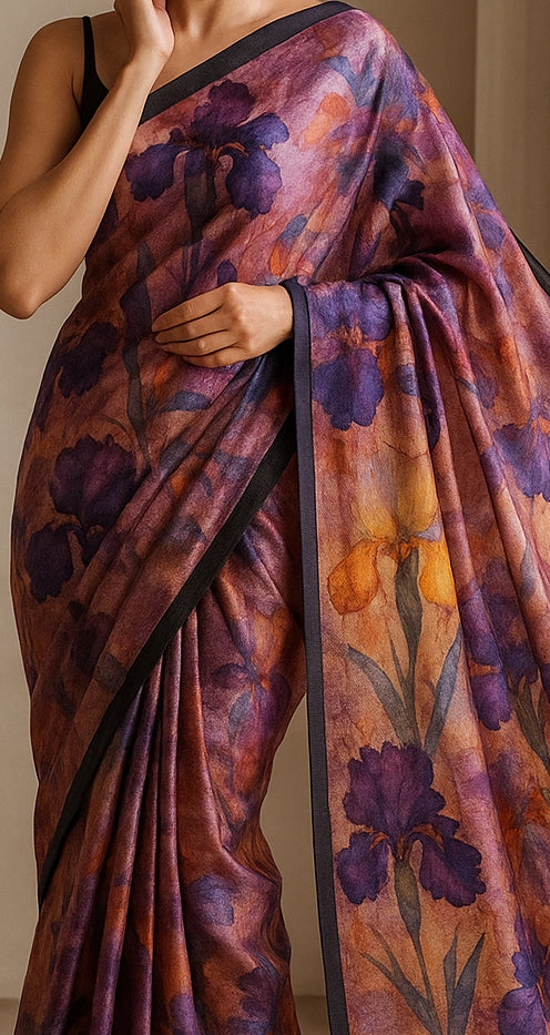 Floral Hand-Printed Pure Tussar Silk Saree FH96