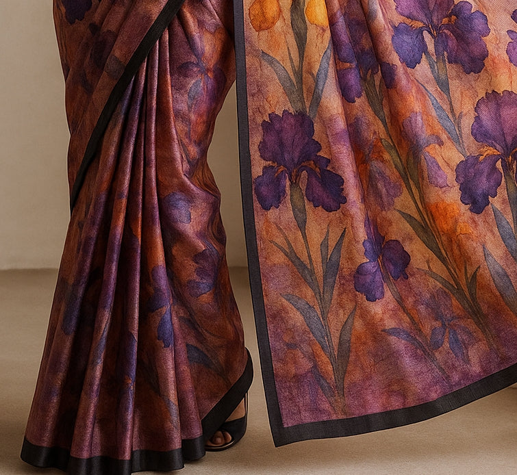 Floral Hand-Printed Pure Tussar Silk Saree FH96