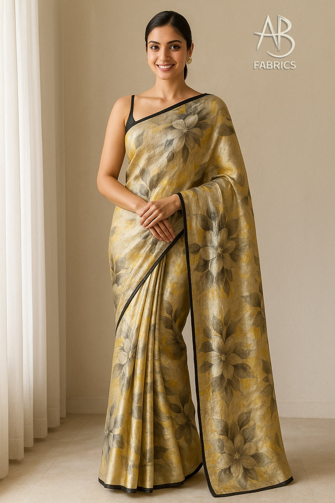 Floral Hand-Printed Pure Tussar Silk Saree FH97
