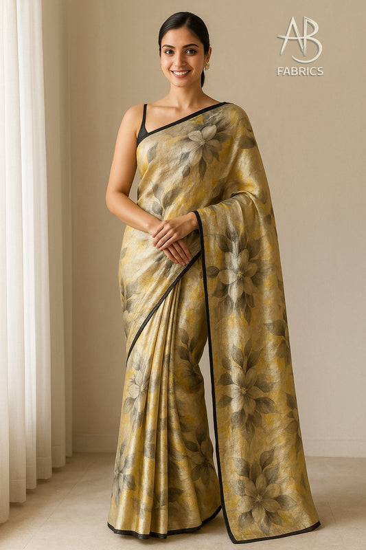 Floral Hand-Printed Pure Tussar Silk Saree FH97