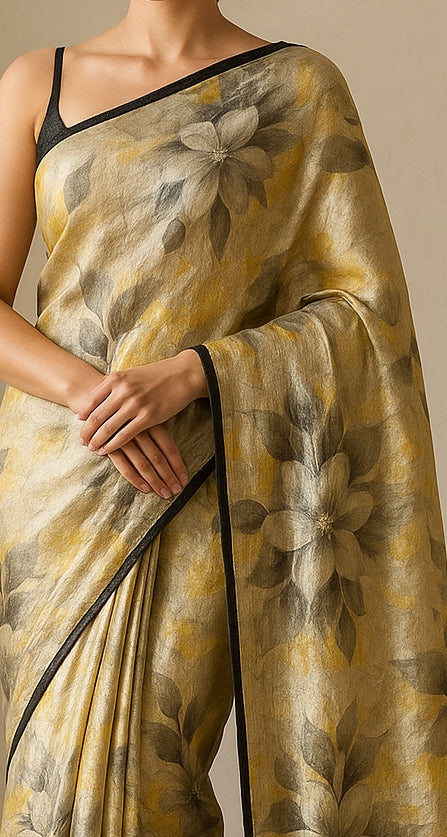 Floral Hand-Printed Pure Tussar Silk Saree FH97