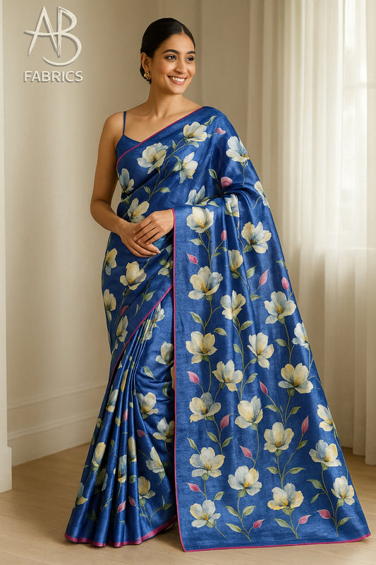 Floral Hand-Printed Pure Tussar Silk Saree FH98
