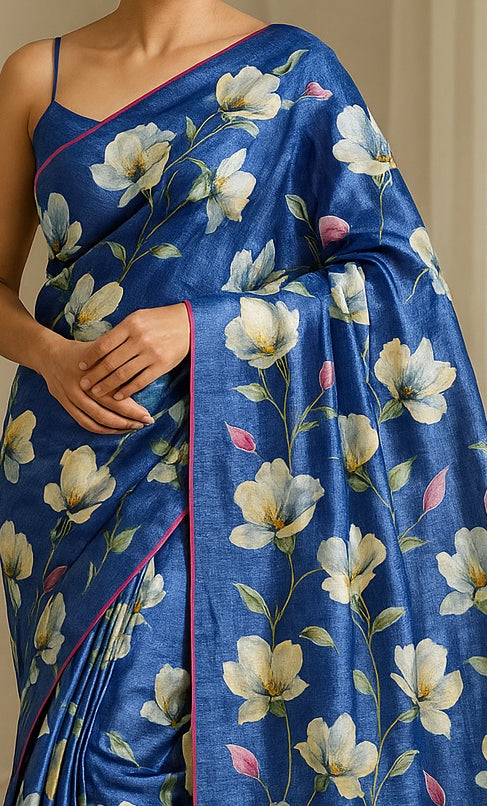 Floral Hand-Printed Pure Tussar Silk Saree FH98