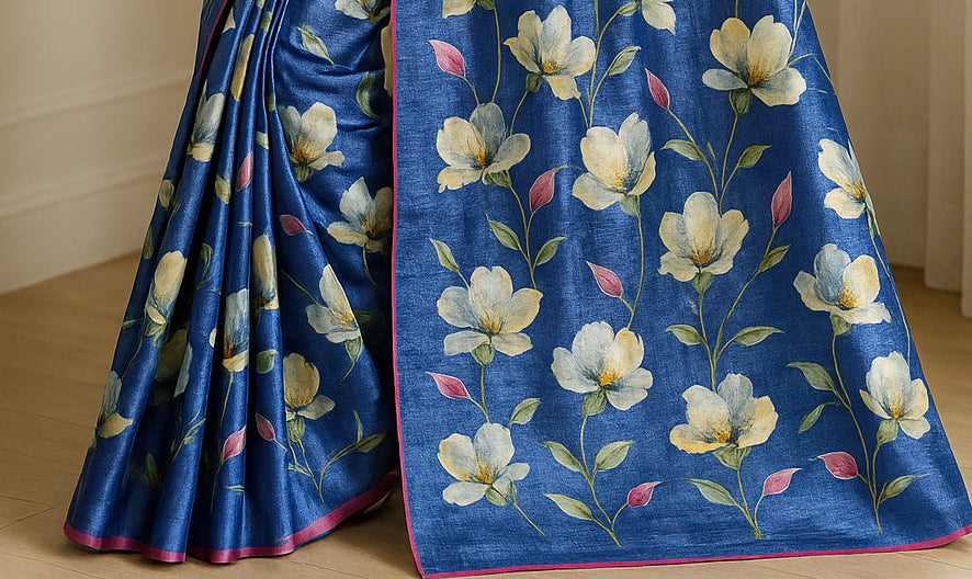 Floral Hand-Printed Pure Tussar Silk Saree FH98