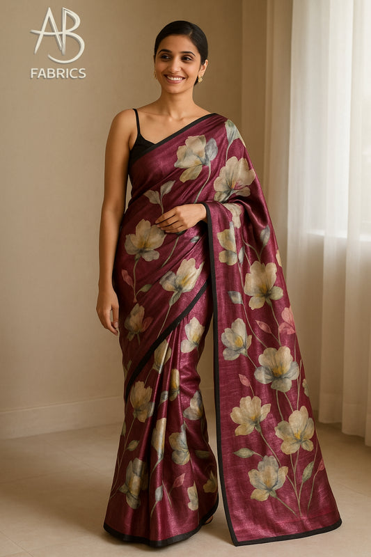 Floral Hand-Printed Pure Tussar Silk Saree FH99