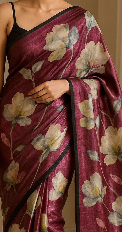 Floral Hand-Printed Pure Tussar Silk Saree FH99