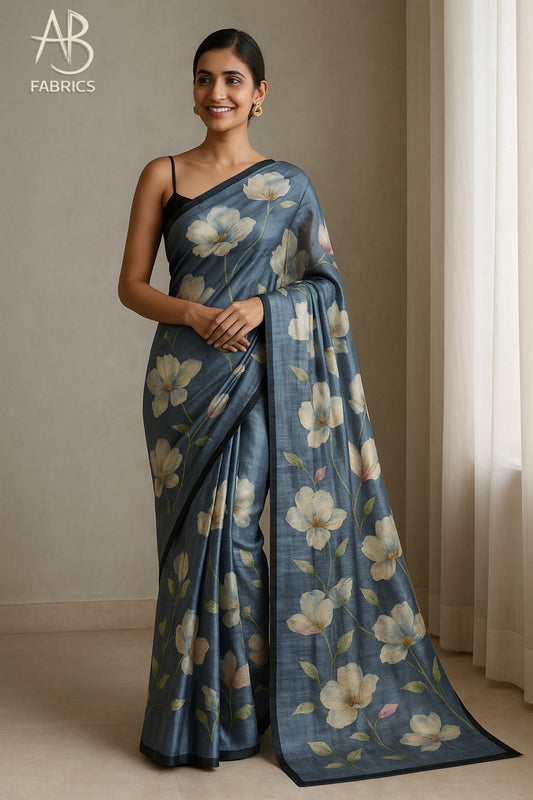 Floral Hand-Printed Pure Tussar Silk Saree FH100