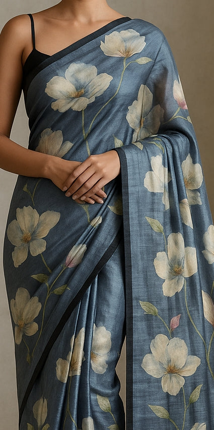 Floral Hand-Printed Pure Tussar Silk Saree FH100