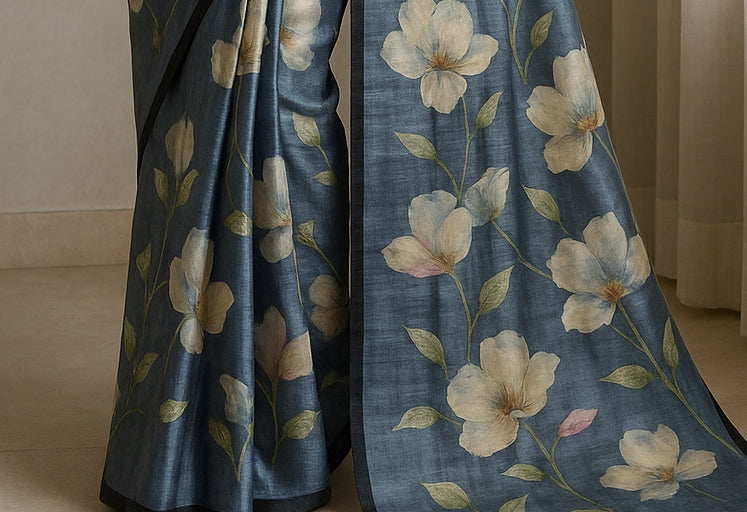 Floral Hand-Printed Pure Tussar Silk Saree FH100