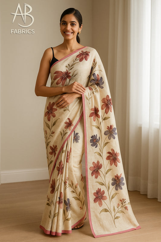 Floral Hand-Printed Pure Tussar Silk Saree FH101