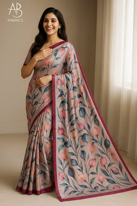 Floral Hand-Printed Pure Tussar Silk Saree FH102
