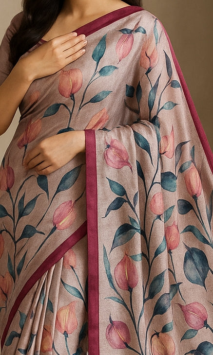 Floral Hand-Printed Pure Tussar Silk Saree FH102