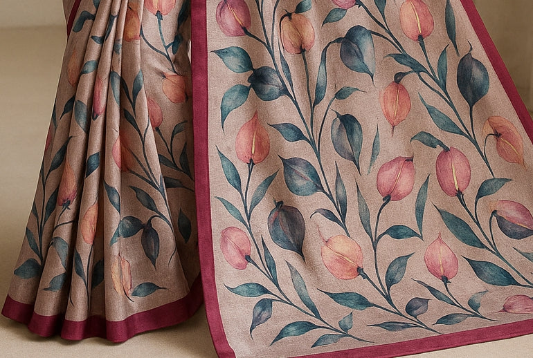 Floral Hand-Printed Pure Tussar Silk Saree FH102