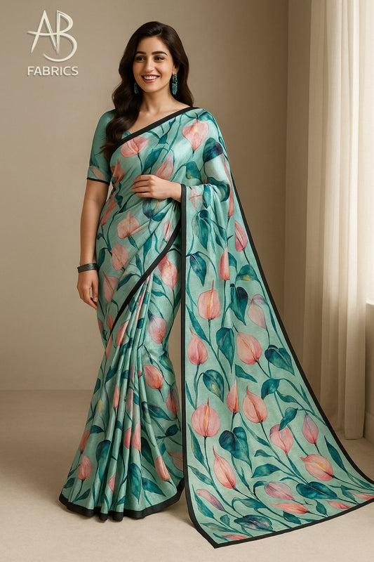 Floral Hand-Printed Pure Tussar Silk Saree FH103