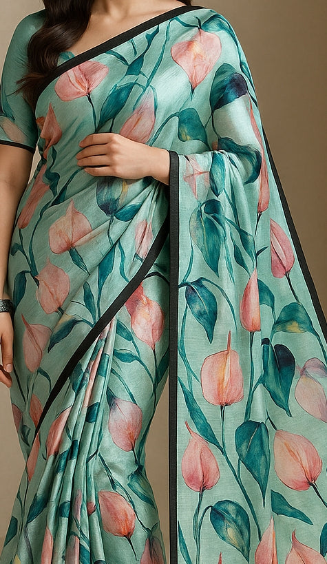 Floral Hand-Printed Pure Tussar Silk Saree FH103