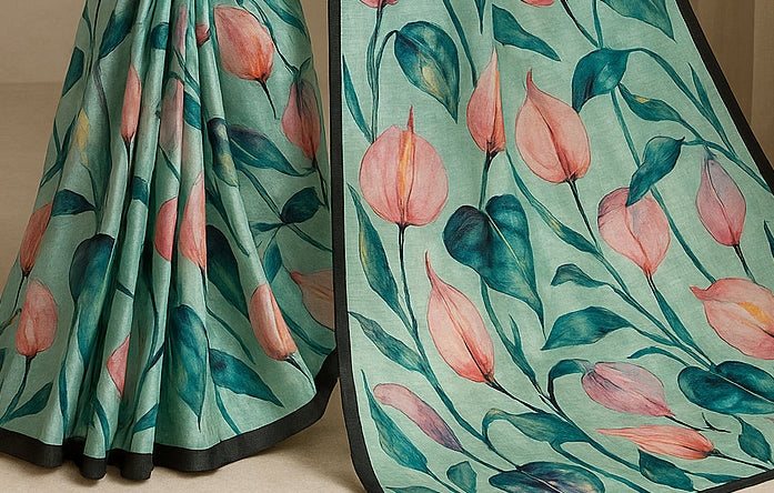 Floral Hand-Printed Pure Tussar Silk Saree FH103