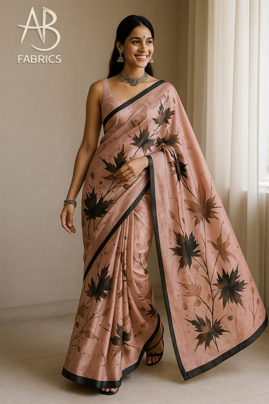 Floral Hand-Printed Pure Tussar Silk Saree FH104