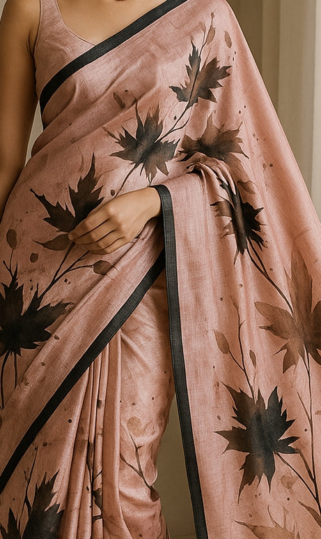 Floral Hand-Printed Pure Tussar Silk Saree FH104