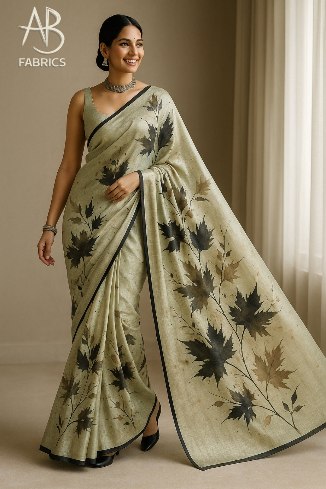 Floral Hand-Printed Pure Tussar Silk Saree FH105