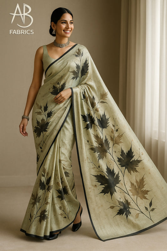 Floral Hand-Printed Pure Tussar Silk Saree FH105
