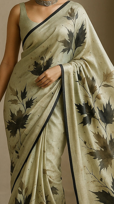 Floral Hand-Printed Pure Tussar Silk Saree FH105