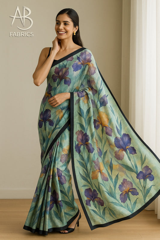 Floral Hand-Printed Pure Tussar Silk Saree FH106