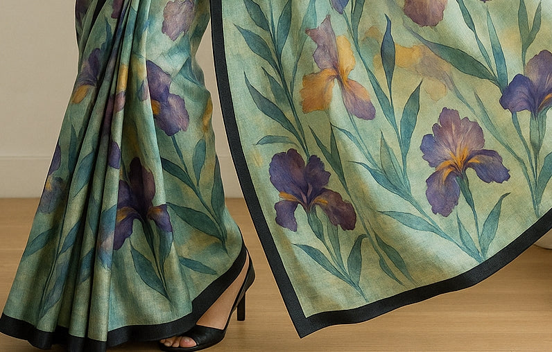 Floral Hand-Printed Pure Tussar Silk Saree FH106