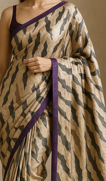 Hand-Printed Pure Tussar Silk Saree FH122