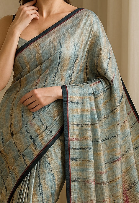Hand-Printed Pure Tussar Silk Saree FH125