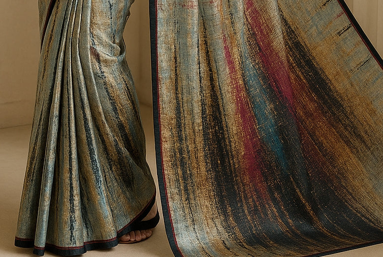 Hand-Printed Pure Tussar Silk Saree FH125
